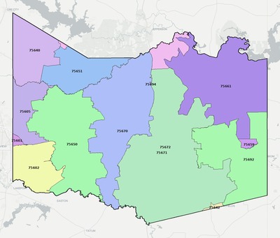 Harrison County TX ZIP code boundaries map
