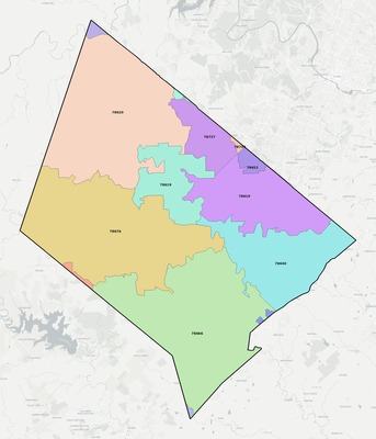 Hays County TX ZIP code boundaries map