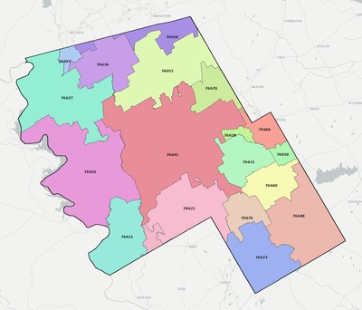 Hill County TX ZIP code boundaries map
