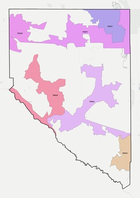 Hudspeth County TX ZIP code boundaries map
