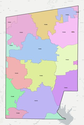 Hunt County TX ZIP code boundaries map