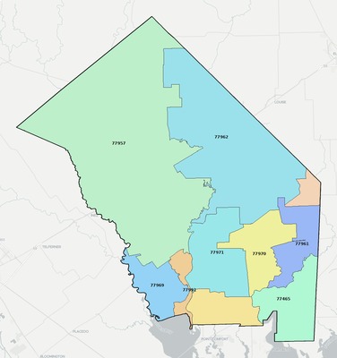 Jackson County TX ZIP code boundaries map