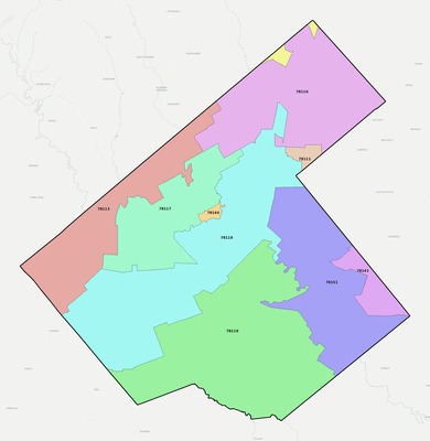 Karnes County TX ZIP code boundaries map