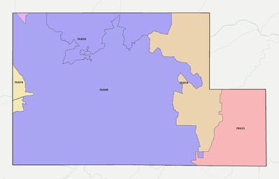 Kimble County TX ZIP code boundaries map