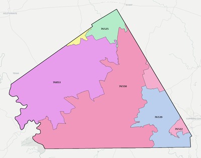 Lampasas County TX ZIP code boundaries map