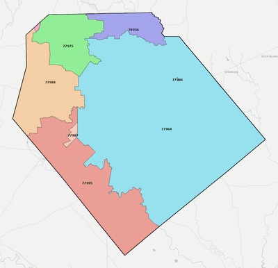 Lavaca County TX ZIP code boundaries map