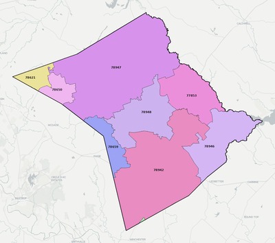 Lee County TX ZIP code boundaries map