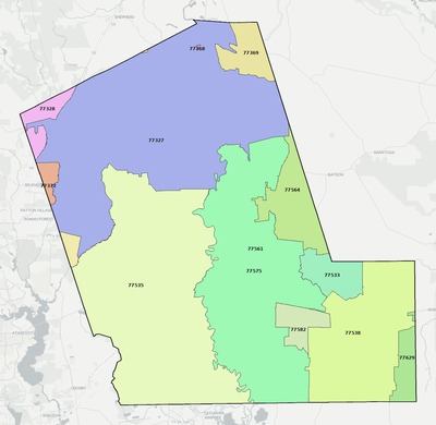 Liberty County TX ZIP code boundaries map