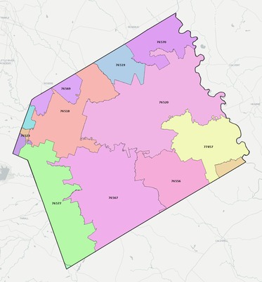 Milam County TX ZIP code boundaries map