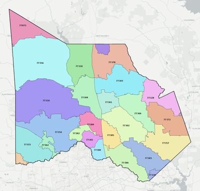 Montgomery County TX ZIP code boundaries map