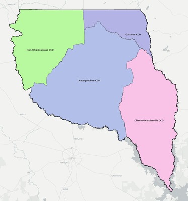 Nacogdoches County TX townships and subdivisions map