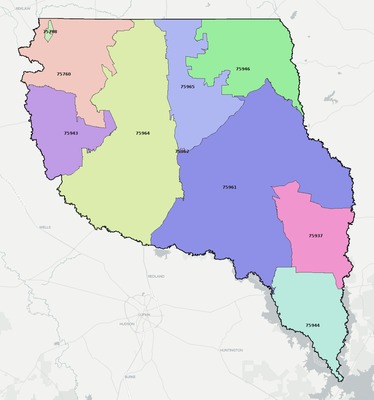 Nacogdoches County TX ZIP code boundaries map