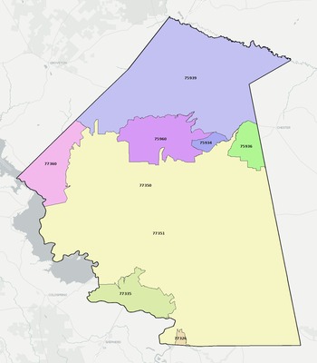 Polk County TX ZIP code boundaries map