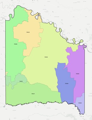 Red River County TX ZIP code boundaries map