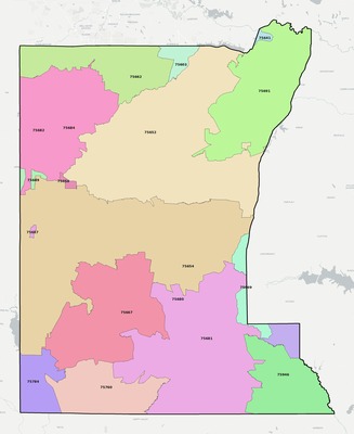 Rusk County TX ZIP code boundaries map