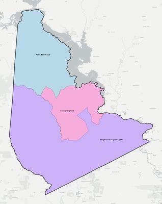 San Jacinto County TX townships and subdivisions map
