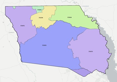 Shelby County TX ZIP code boundaries map