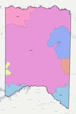 Titus County TX ZIP code boundaries map
