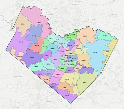 Travis County TX ZIP code boundaries map