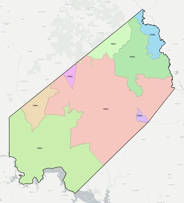 Trinity County TX ZIP code boundaries map