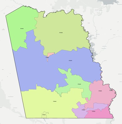 Tyler County TX ZIP code boundaries map