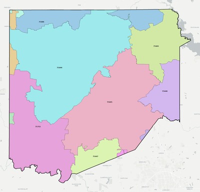 Upshur County TX ZIP code boundaries map