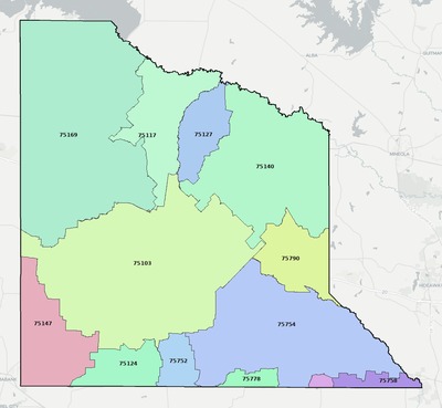 Van Zandt County TX ZIP code boundaries map