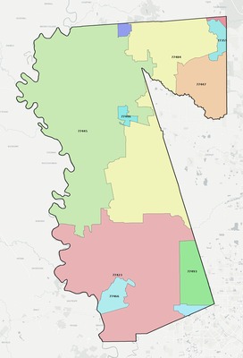Waller County TX ZIP code boundaries map