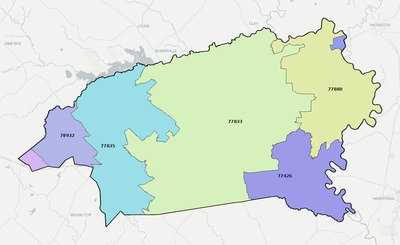 Washington County TX ZIP code boundaries map