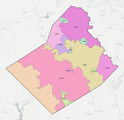 Wharton County TX ZIP code boundaries map