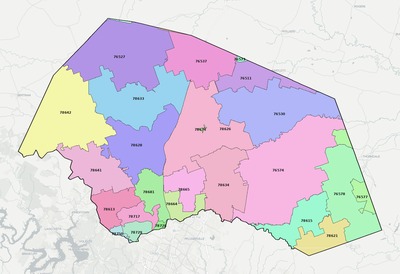 Williamson County TX ZIP code boundaries map