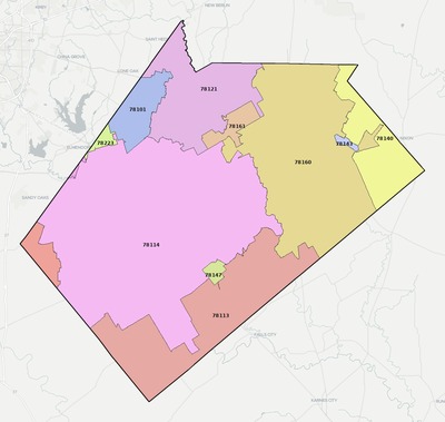 Wilson County TX ZIP code boundaries map