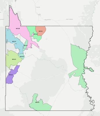 Emery County UT ZIP code boundaries map