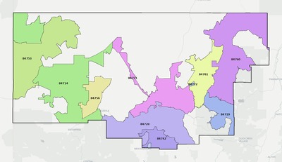 Iron County UT ZIP code boundaries map