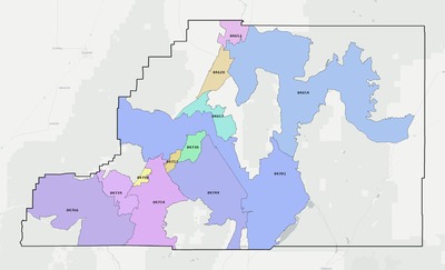 Sevier County UT ZIP code boundaries map