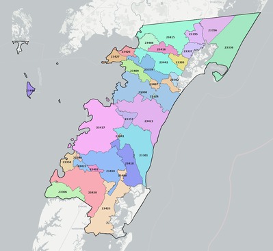 Accomack County VA ZIP code boundaries map