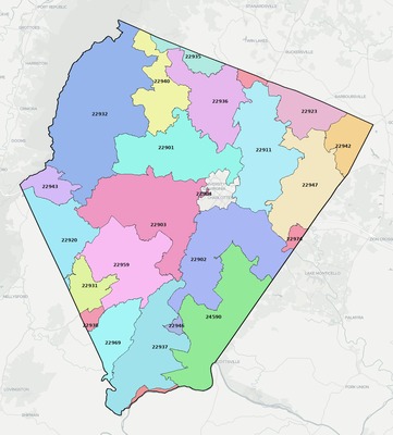 Albemarle County VA ZIP code boundaries map