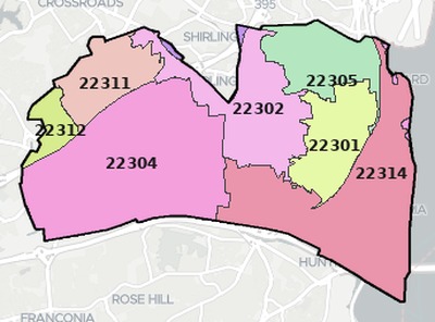Alexandria County VA ZIP code boundaries map