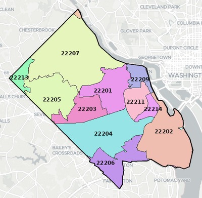 Arlington County VA ZIP code boundaries map