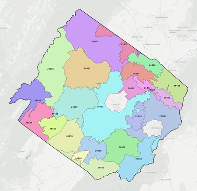 Augusta County VA ZIP code boundaries map