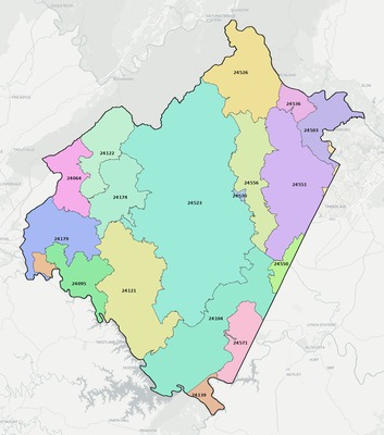Bedford County VA ZIP code boundaries map