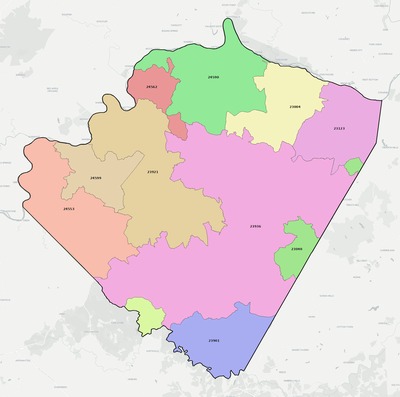Buckingham County VA ZIP code boundaries map