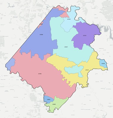 Caroline County VA ZIP code boundaries map