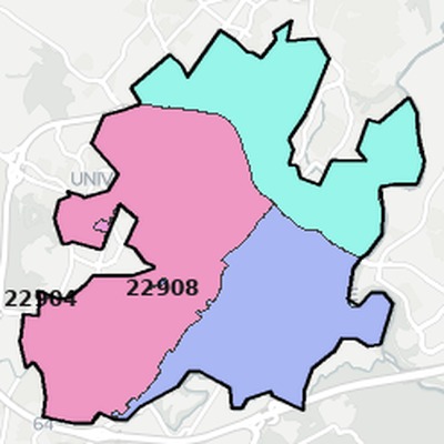 Charlottesville County VA ZIP code boundaries map