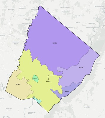Clarke County VA ZIP code boundaries map