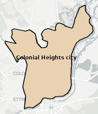 Colonial Heights County VA townships and subdivisions map