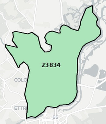 Colonial Heights County VA ZIP code boundaries map