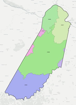 Cumberland County VA ZIP code boundaries map