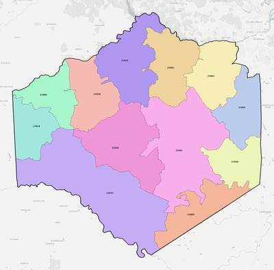 Dinwiddie County VA ZIP code boundaries map