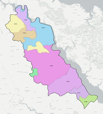 Essex County VA ZIP code boundaries map